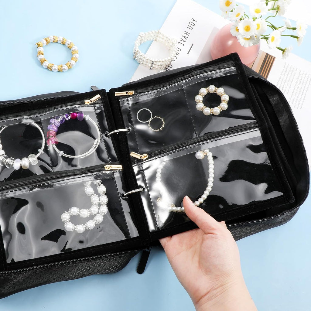 Travel Jewelry Organizer Case for Women, Jewelry Bags for Traveling, Jewelry Binder with 36 Pcs Clear Zipper Velvet Pouches for Necklace, Earrings, Rings, Bracelet, Watch Organizer (Black)