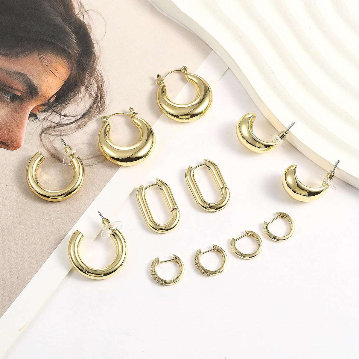 Gold Huggie Hoops - 6 Pairs