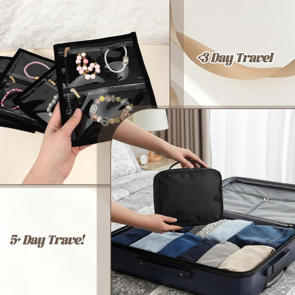 Travel Jewelry Organizer Case for Women, Jewelry Bags for Traveling, Jewelry Binder with 36 Pcs Clear Zipper Velvet Pouches for Necklace, Earrings, Rings, Bracelet, Watch Organizer (Black)