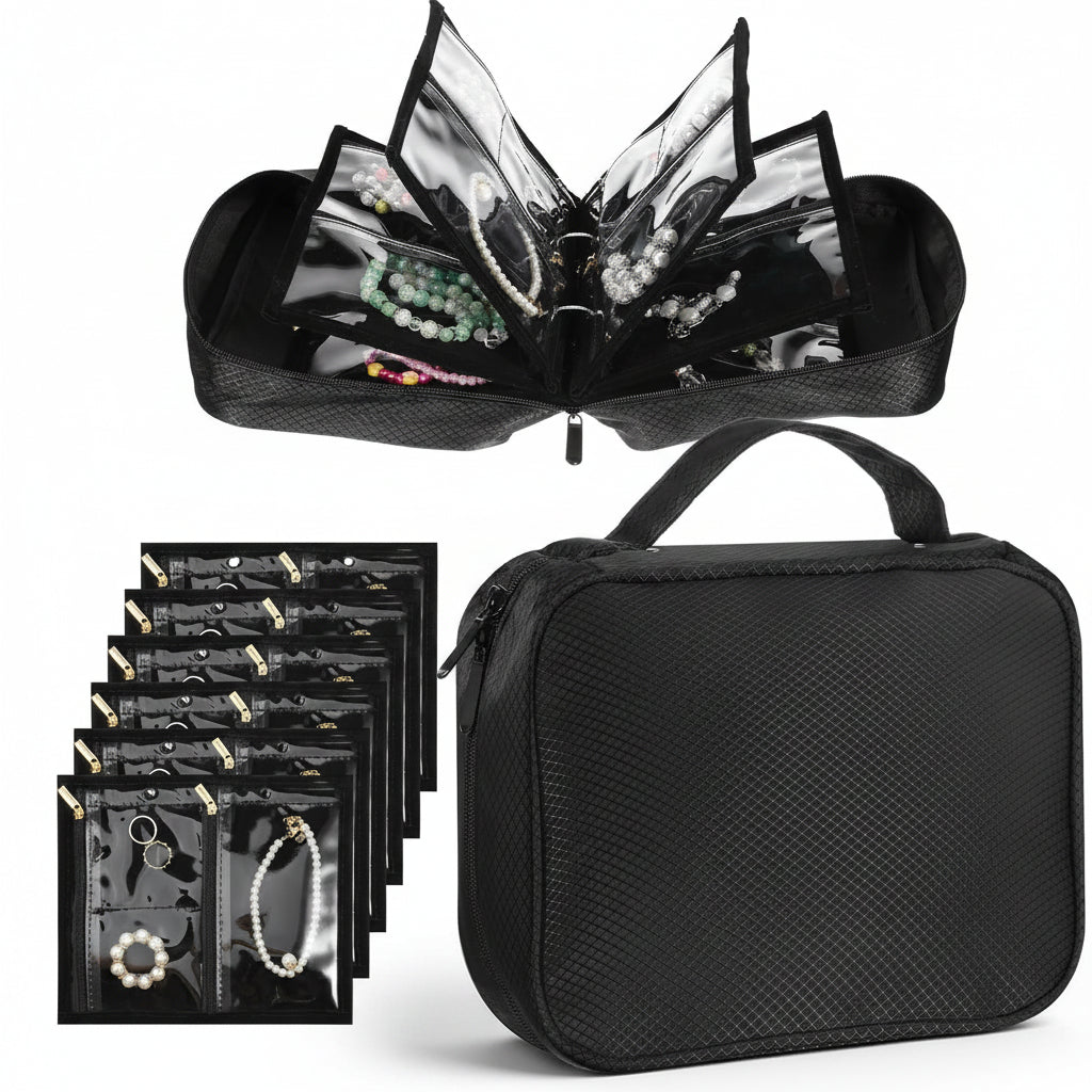 Travel Jewelry Organizer Case for Women, Jewelry Bags for Traveling, Jewelry Binder with 36 Pcs Clear Zipper Velvet Pouches for Necklace, Earrings, Rings, Bracelet, Watch Organizer (Black)